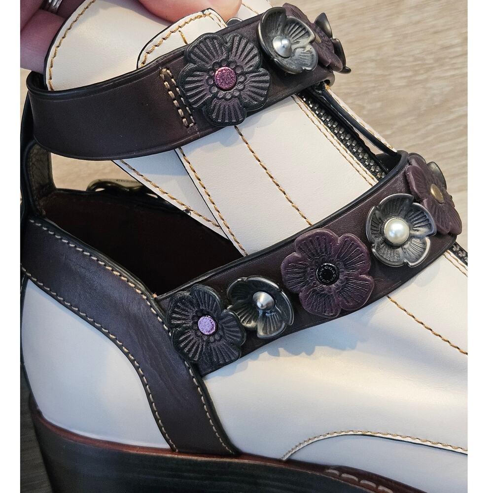 Coach Chalk Oxblood Moto Cutout Bootie 7B Buckle Flowers Mixed Metal Glam Casual - Picture 10 of 12